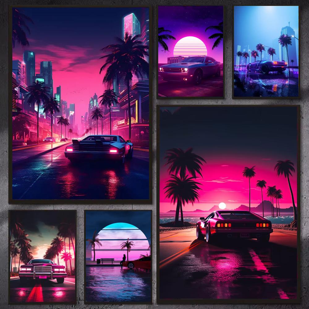 Retro Gaming Wallpaper - ไซเบอร์พังค์ยุค 80 รถสไตล์เรโทร โปสเตอร์เมือง โปสเตอร์สไตล์โมเดิร์น สวยงาม