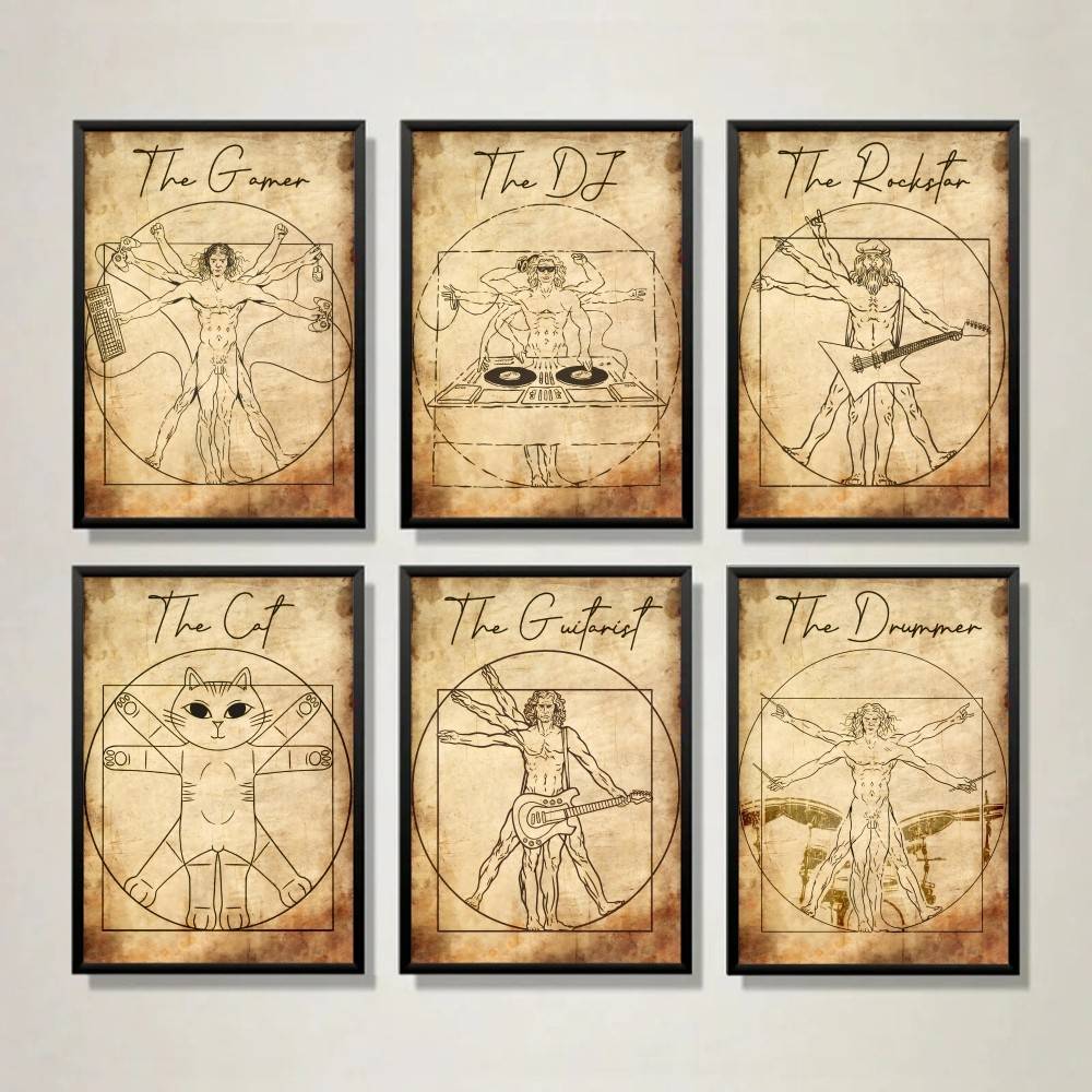Retro Gaming Wallpaper - โปสเตอร์แมวสไตล์วินเทจ Vitruvian สำหรับคนรักดนตรีและเกมเมอร์ งานศิลปะติดผนังลายเส้นกระดาษเก่าสไตล์เรโทร สำหรับห้องเกมมิ่ง สตูดิโอเพลง