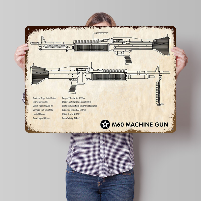 Retro Gaming Wallpaper - ป้ายโลหะตกแต่งผนังลายปืนกล M60 แบบวินเทจ สำหรับตกแต่งห้องแฟนคลับ บ้าน และห้องเกมมิ่ง