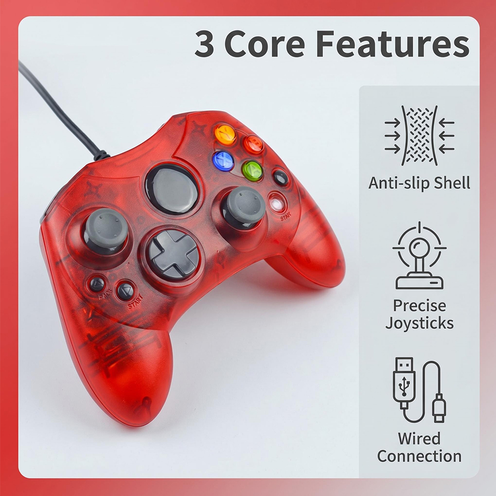 Retro Gaming Xbox - จอยเกมแบบมีสาย - เครื่องเล่นเกมย้อนยุค - มีให้เลือกในสีเขียว/แดง/น้ำเงินโปร่งแสง