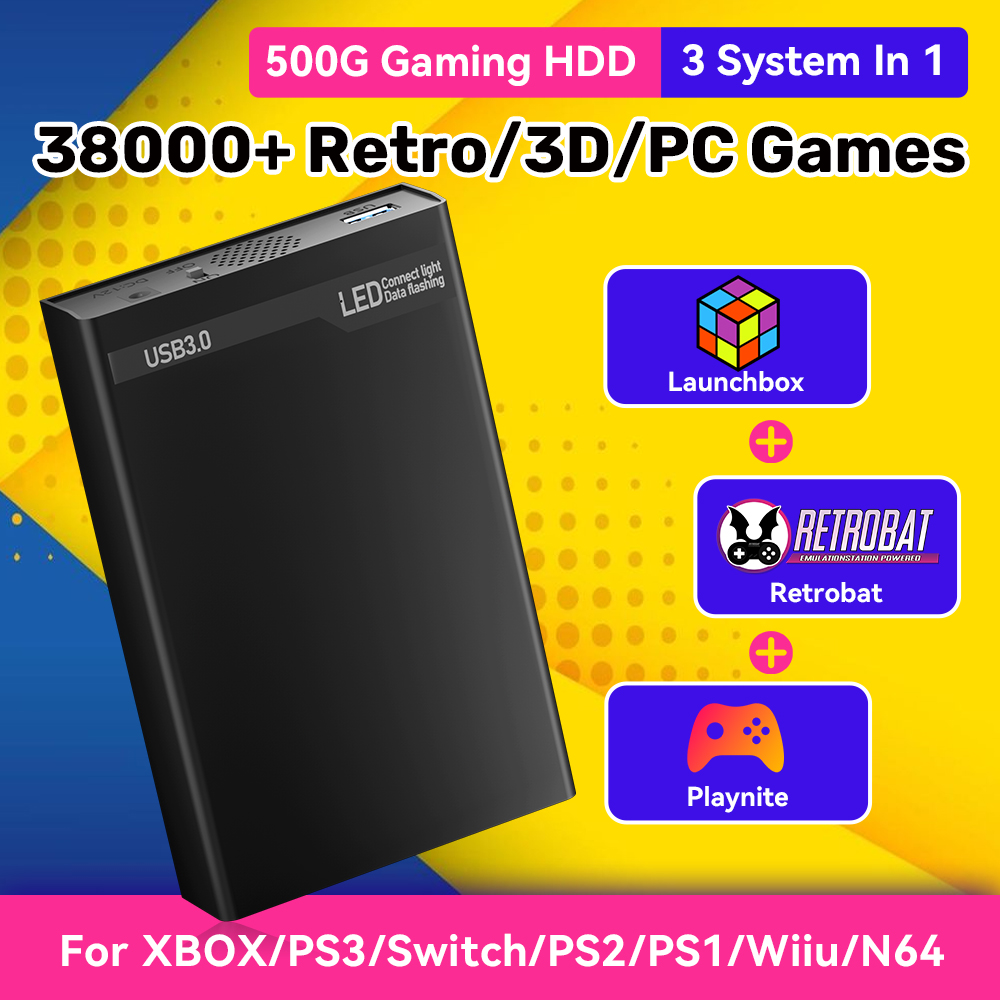 Retro Gaming Xbox - ฮาร์ดไดรฟ์เกมพกพา Mix500G สำหรับ N64/PS3/PS2/Switch/PS1/Xbox/DC ฮาร์ดดิสก์เกมภายนอก พร้อมเกมเรโทร