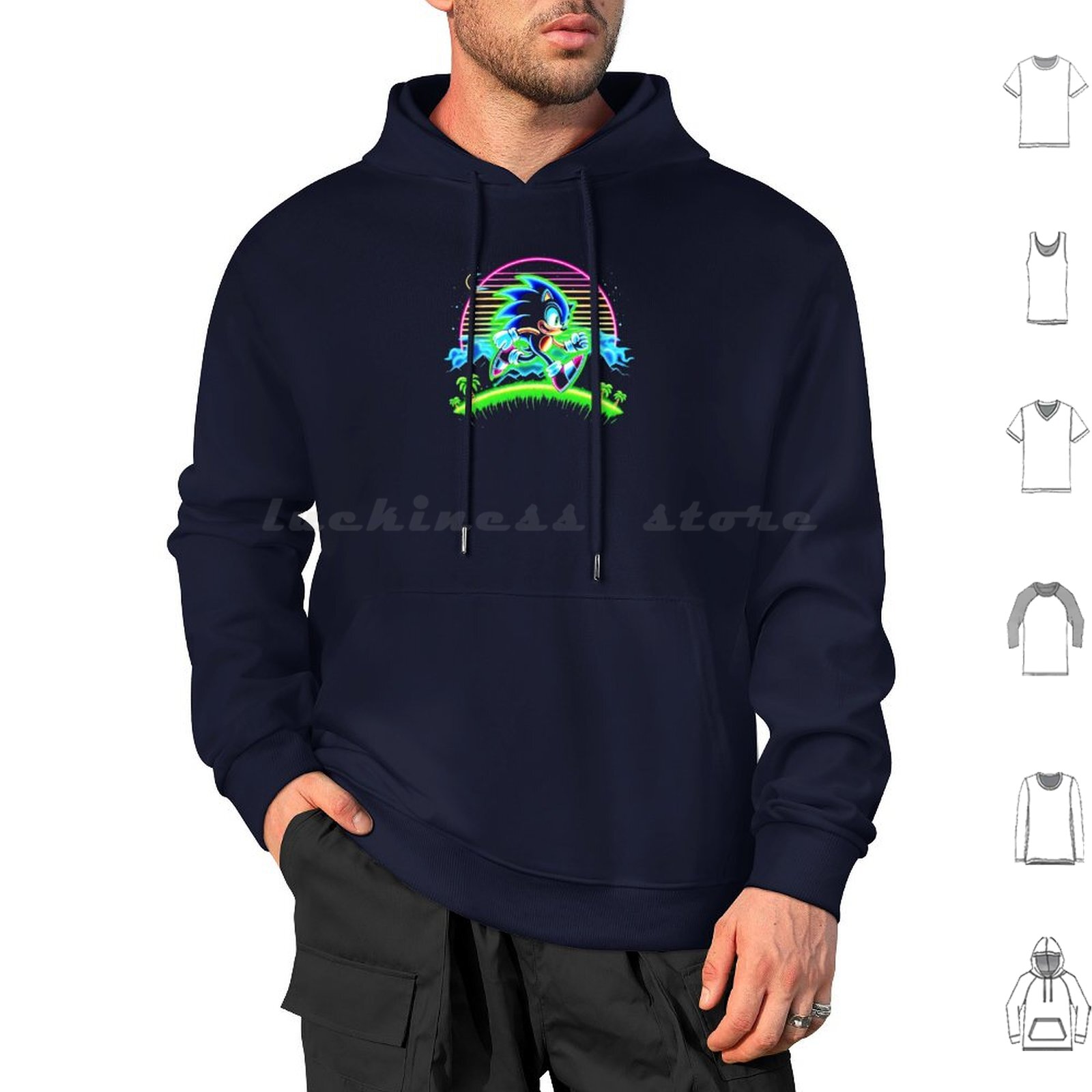Retro Gaming Icons - เสื้อฮู้ดนีออนแขนยาว The Hedgehog วิดีโอเกมยุค 90 แอนิเมชั่นสีน้ำเงิน